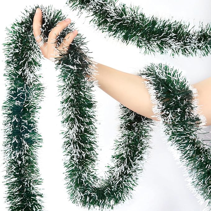 50 Ft Green Christmas Tinsel Garland Metallic Twist Shiny Hanging Garland Decorations for Christmas Tree, Xmas Decor for Holiday Home Party Supplies Indoor Outdoor Decoration