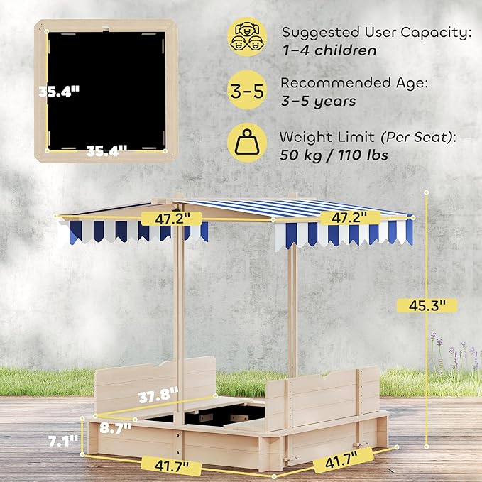 Outsunny Wooden Sandbox with Lid, Kids Sandbox with Canopy Outdoor, Sand Box with Foldable Bench Seats and Sand Protection, Bottom Liner Included, Kids Gift for Aged 3-7, 47X47 in, Natural