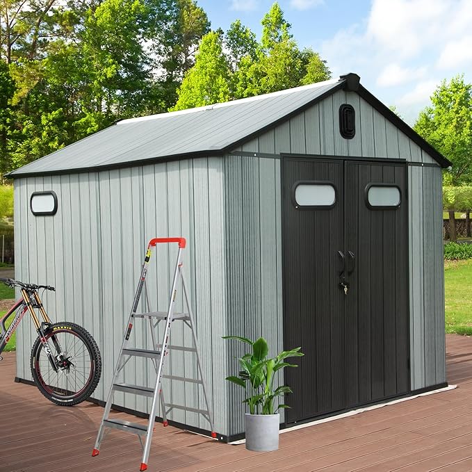 8X12FT Outdoor Resin Storage Shed Waterproof, Waterproof Plastic Garden Shed with Lockable Door, Windows & Vents, Outside Tool Storage Shed for Patio Furniture, Lawn Mower