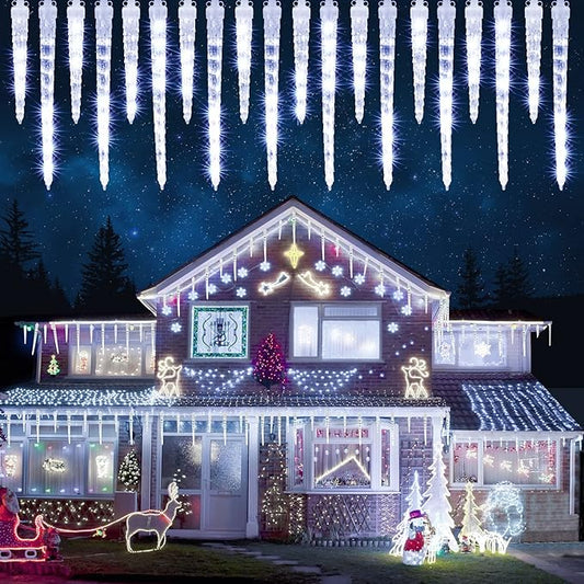 Joomer Icicle Christmas Lights Outdoor,13FT 20 Icicles 320 LED Meteor Shower Icicle Lights Timer Waterproof Connectable Christmas Light for Outside Home Xmas Decoration - White