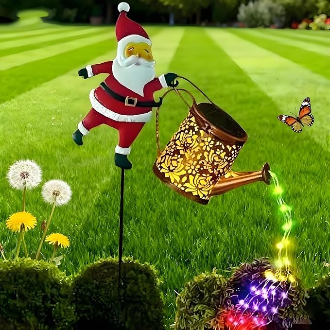 Solar Christmas Lights Outdoor, Waterproof Hanging Metal Watering Can Light Solar Christmas Decorations, Santa Solar Kettle Lights Holiday Displays for Garden Patio Path Yard Lawn (Colorful)