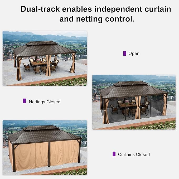 PURPLE LEAF 12' X 20' Outdoor Hardtop Permanent Galvanized Steel Gazebo Double Roof Canopy Aluminum Frame Patio Garden Pavilion with Netting and Curtains