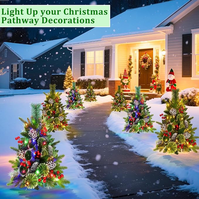 2 Pack Outdoor Christmas Tree Urn Fillers with 40 Warm & Colorful Change Lights, 8 Modes Timer, Pinecones Red Berries Decorations, Battery Operated for Holiday Planters Yard Porch Pathway Xmas Decor