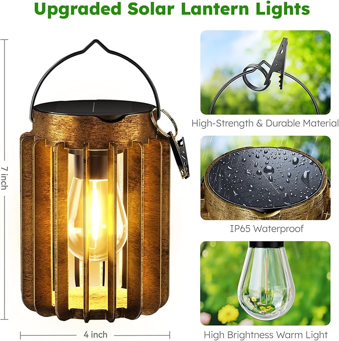 Solar Lanterns Outdoor Waterproof, Brighter Up to 12 Hrs Outdoor Hanging Solar Lights, Outside Hanging Lanterns for Garden Porch Patio Yard Decor, Gifts for Women Mom Father 4 Pack