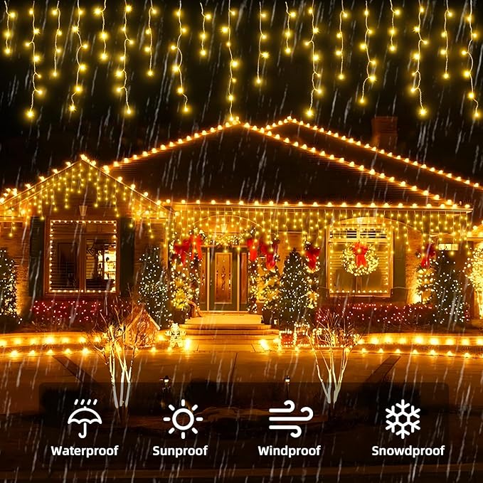 Christmas Outdoor Icicle Lights - 200 LED 21+16 FT 8 Modes Curtain Fairy String Light Plug in, Waterproof for Eaves Yard Holiday Xmas Holiday Indoor Outdoor Decoration - Warm White