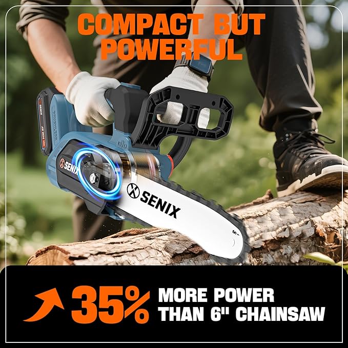 SENIX Chainsaw Cordless, 20V 10" Battery Chainsaw, Brushless Chain Saw, Includes 2.5Ah Battery & Charger, Garden Tool for Tree, Pruning, Branch Cutting, Yard, Fathers Day Gift, CSX2-M1