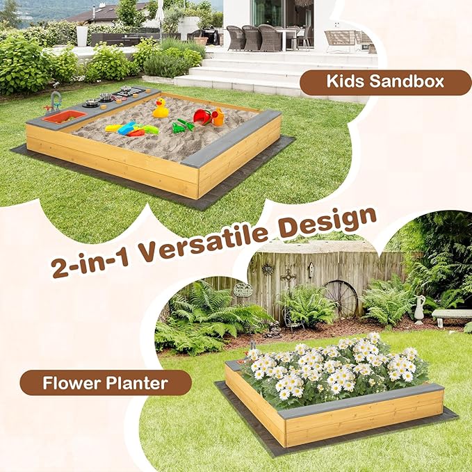 Costzon Kids Sandbox, Wooden Sand Pit w/Kitchen Playset Accessories, Water Faucet, Built-in Bench Seat & Bottom Liner, Outdoor Sand Box for Kids 3-8 Backyard Garden Bench