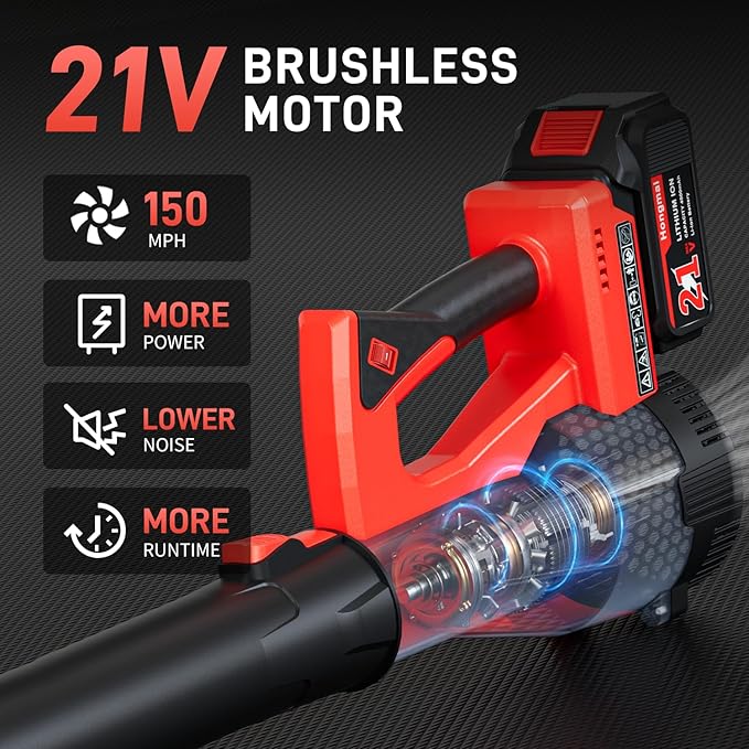 Leaf Blower Cordless, 500 CFM 21V Electric Cordless Leaf Blower with 4.0Ah Battery and Charger, Lightweight, 6 Speed Modes, for Lawn Care, Patio, Blowing Leaves and Dust (Red)