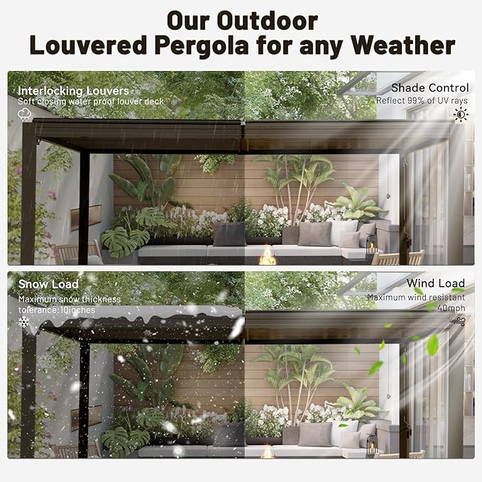 10’ x 16’ Louvered Pergola, Outdoor Pergola Aluminum Frame with Adjustable Rainproof Metal Roof, Permanent Sun Shade with Drainage System for Backyard, Garden and Lawn (Dark Brown)