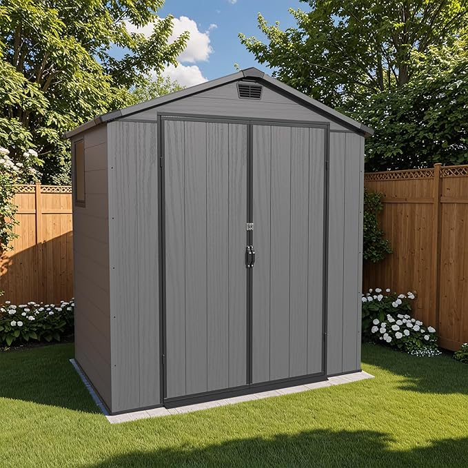 Patiowell 6X4 FT Plastic Outdoor Storage Shed with Floor, Resin Outside Tool Sheds with Window and Lockable Door for Backyard, Garden, Tool Storage Usage, Easy to Install, Dark Grey