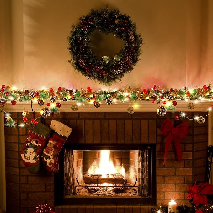 Christmas Garland with Lights 10 Feet 30 LED Bulbs Pinecones, Red Berries, Bells Decorative Lights Christmas Decorations Indoor Suitable for Home & Mantelpiece Decor Christmas Tree Decor