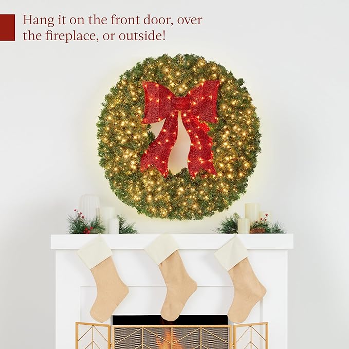 Best Choice Products 60in Large Artificial Pre-Lit Fir Christmas Wreath Holiday Accent Decoration for Door, Mantel w/Red Lighted Bow, 375 LED Lights, 930 PVC Tips, Power Plug-in