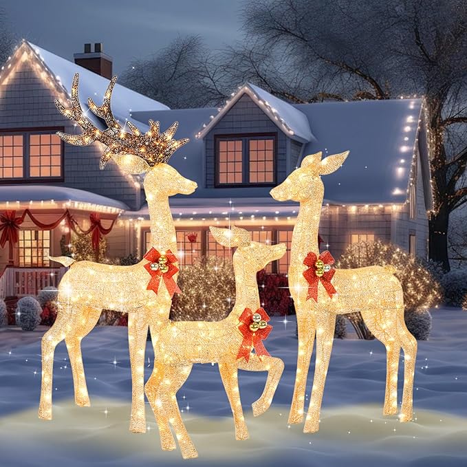 3-Piece 5Ft Lighted Christmas Deer Family Set, 3D Outdoor Christmas Decorations Yard with 280 Warm White LED Lights for Outdoor Front Yard Patio Lawn Garden Porch - Gold