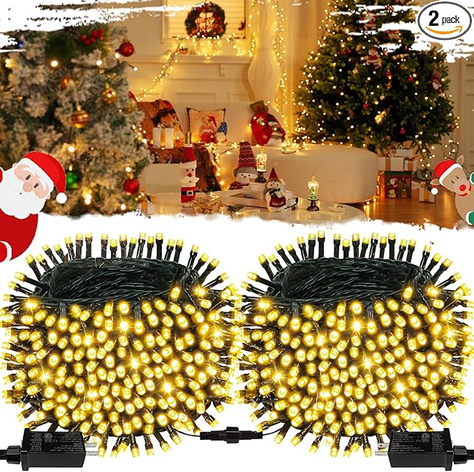 2-Pack Total 164FT 400LED Connectable Christmas Lights Outdoor, Christmas String Lights Waterproof with 8 Modes & Timer, Green Wire Twinkle Lights for Xmas Tree Decorations Outdoor Indoor, Warm White