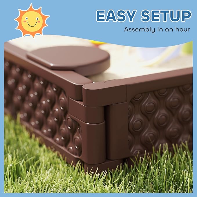 Qaba Kids Sandbox with Cover, Rectangular 73 HDPE Large Sand Pit with 4 Seats, Waterproof Bottom Liner, Weather Resistant Outdoor Sand Box for Backyard, Lawn, Garden, Beach, Patio, Brown