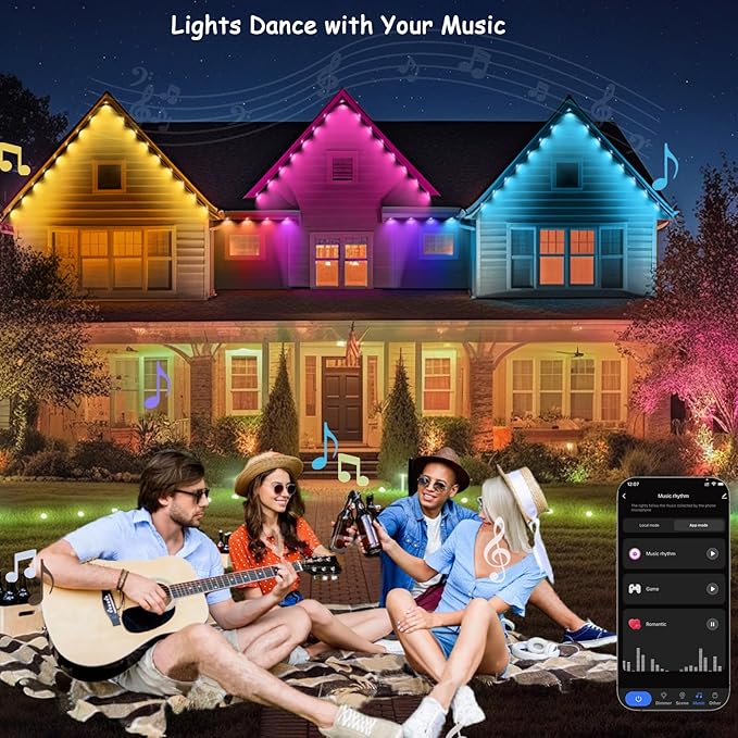 Permanent Outdoor Lights for House, 100ft Smart RGB+IC Color Outdoor Lighting with 63 Scene,IP67 72 LED Eaves Lights for Holiday, Christmas, Daily Lighting, Smart Life APP Control, C5103-A