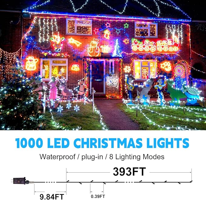 393Ft 1000LED Christmas Lights - Outdoor Decorations with 8 Modes, Memory Timer & Waterproof Fairy String Lights for Xmas, Wedding, Party & Holiday Decor