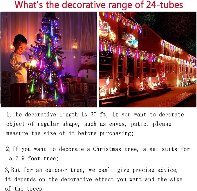 Kwaiffeo Icicle Lights Outdoor, 24 Tubes(Equivalent to Pack of 3 8-Tube) Meteor Shower Lights for Xmas Halloween Decorations Yard Party Tree, Multi Color(Purple Blue Green White)