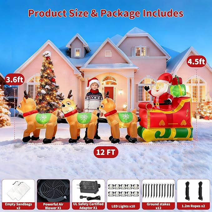 12FT Christmas Inflatables Outdoor Decorations, Santa Claus on Sleigh with 3 Reindeers,Reindeers Pulling Santa's Sleigh with Gift Boxes, Built in LED Lights for Christmas Party Decor, Yard,Garden Lawn