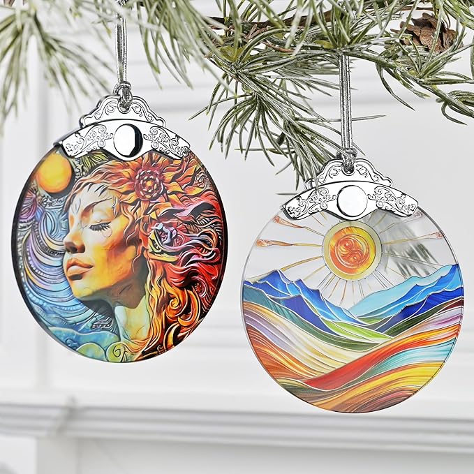 Sun & Mountain 2025 Holiday Ornaments - Christmas Ornaments, Stained Glass Christmas Tree Decor - Gift Idea for Friends - Mountain Theme