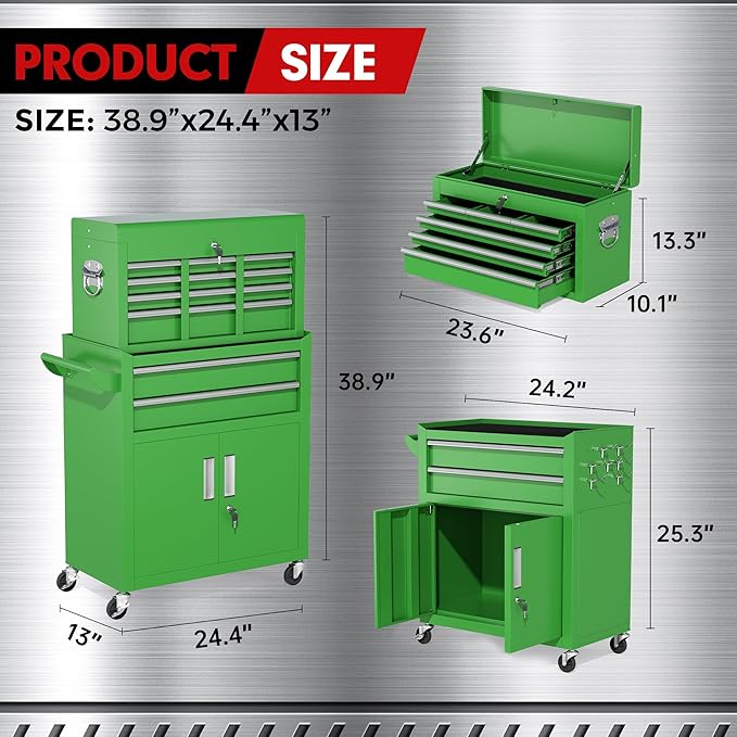 INTERGREAT Tool Chest, 8 Drawer Rolling Tool Chest with Drawers, Detachable Top Tool Box, and Locking Mechanism, Metal Tool Cart with Liner and 6 Hooks for Garage, Workshop, Green