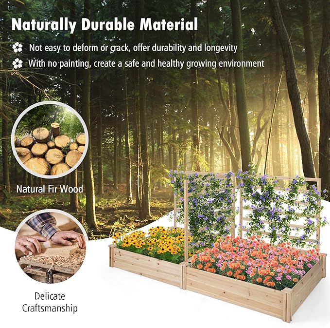 S AFSTAR Raised Garden Bed with 3 Trellis & 2 Planter Boxes, 88" L x 45" W x 43" H Outdoor Wooden Planter Box Kit for Flower Herb Vegetable Fruit Climbing Vines, Gardening Planter for Garden Patio
