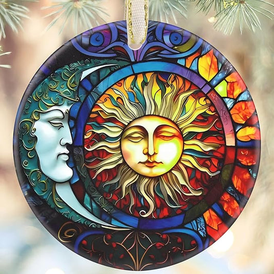 Christmas Ornaments, 3.5 Inch Ceramic Sun and Moon Hanging Ornament, Christmas Tree Ornaments, Gifts for Friend, Xmas Gifts, Unique Gift Idea, Perfect for Holiday Party, Tree, Window, Wall Decor