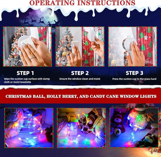 LOLStar Christmas Window Lights, 3 Pack Multicolor Christmas Ball, Holly Berry, Candy Cane LED with Suction Cups, Timer & Slow Fade, Battery Operated(Excluded) Christmas Decorations Light Up for Home
