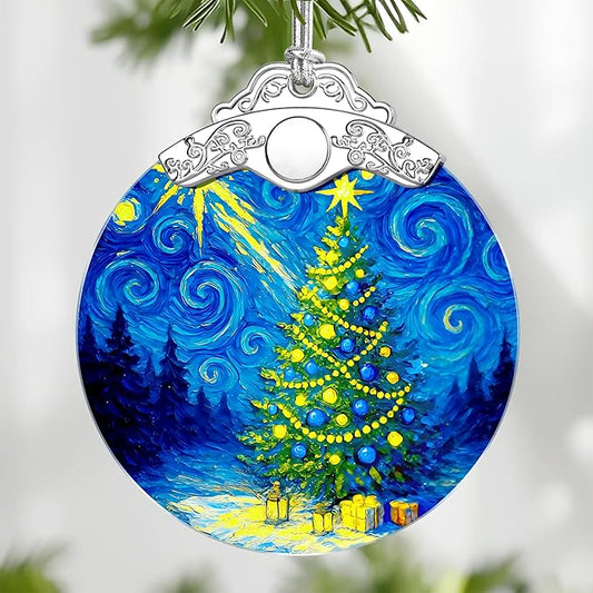 Starry Night Stained Glass Ornament, Christmas Ornaments – Christmas Tree Ornament, Holiday Decor, Xmas Stocking Stuffers, Gift Idea, Gifts for Art Lover, Coworker, Friend, and Family - Xmas Tree