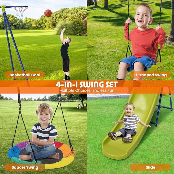 Costzon Swing Sets for Backyard, 4-in-1 Heavy Duty Large Metal Swing Frame w/2 Adjustable Swings, Slide, Basketball Hoop, Play Equipment for Indoor Outdoor, Gift for Kids