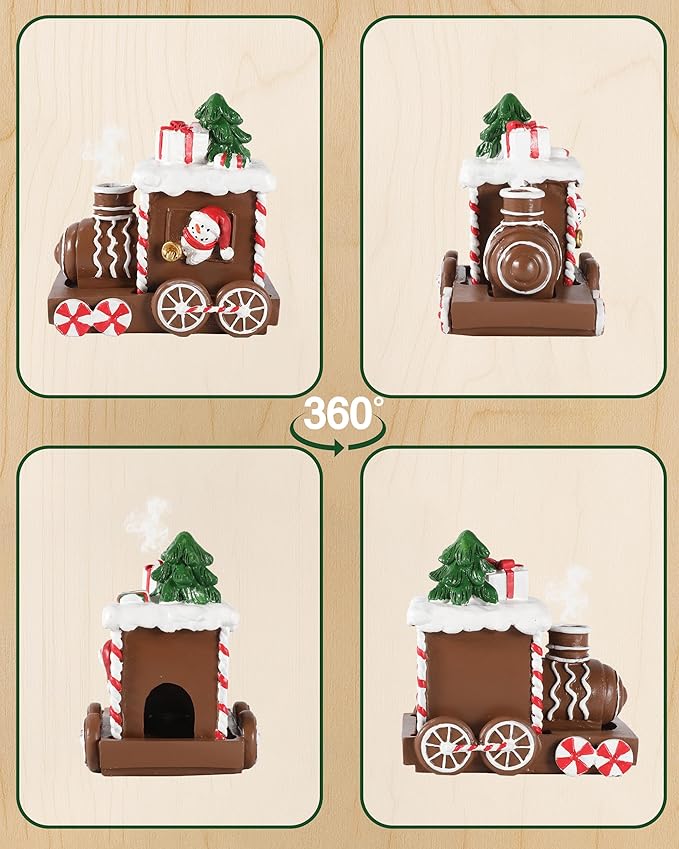 Christmas Train Resin Figurine with Smoke Chimney – Gingerbread-Style Holiday Train with Snowman, Candy Wheels, and Gift Decor – 4.2” Festive Tabletop Decoration (Train)