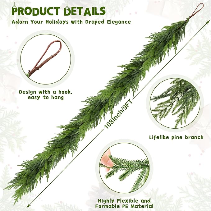 2Pcs 9FT Christmas Norfolk Pine Garland, Realistic Artificial Pine Garland, Real Touch Faux Greenery Christmas Garland for Table, Mantle, Winter Holiday Christmas Decorations Indoor Outdoor