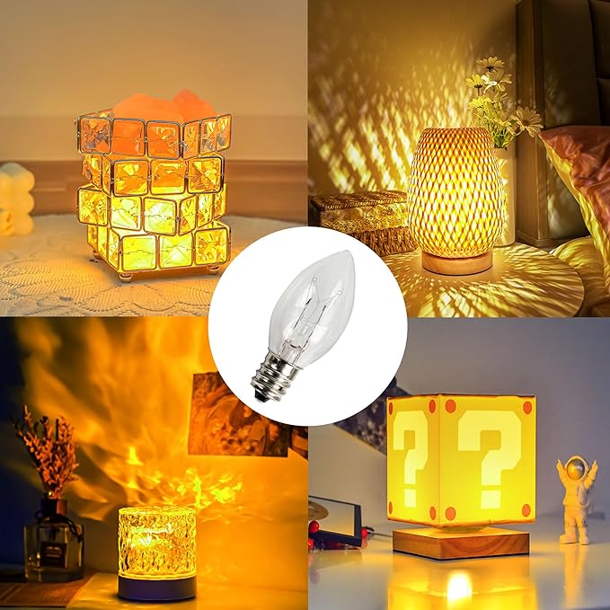 Dazzle Bright 4 Pack 6 FT Accessory Cord with Incandescent Light Bulb E12 Socket White Cord with On/Off Switch Plug, C7 Candelabra Light Bulbs for Holiday Decorations, Christmas Village House