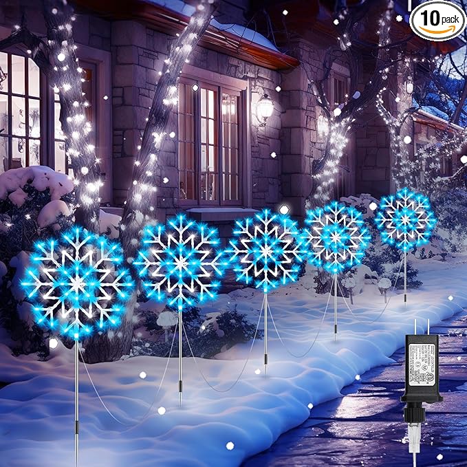 Brightown Snowflake Lights Outdoor, 10 Large Snowflake Christmas Pathway Lights Outdoor Christmas Decorations Yard Sidewalk Walkway Driveway Marker Stake, Blue and White