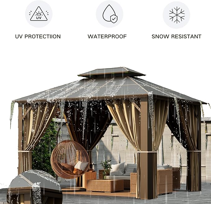 Kingdura Hardtop Gazebo 10'x12' with Double Polycarbonate Roof Canopy, Outdoor Gazebo with All-Weather Resistant Aluminum Frame Permanent Pavilion, UV Blocking for Patio Lawn Garden