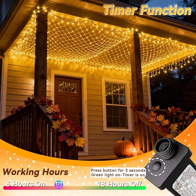 LitHome 200 LED Net Lights Outdoor, 8 Modes Connectable Christmas Net Lights, 10 x 10FT Christmas Mesh Light with Timer, Warm White Mesh Light Plug in Waterproof for Bushes,Xmas,Garden,Yard Decor