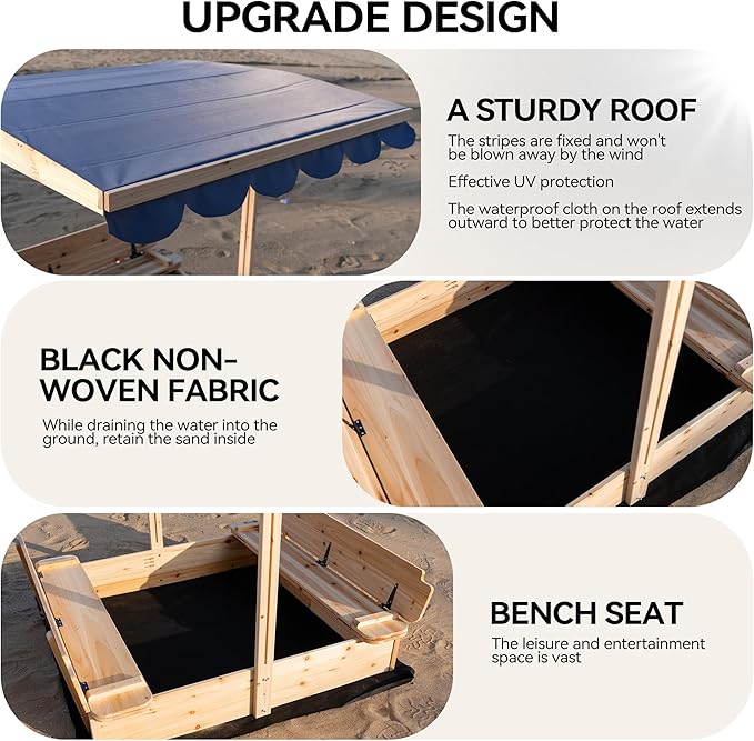 Wooden Sandbox with Lid & Canopy Cover, 48x48 Large Outdoor Sand Box for Kids Ages 4-8, with Foldable Bench Seats, UV-Resistant & Adjustable Height Roof & Bottom Liner