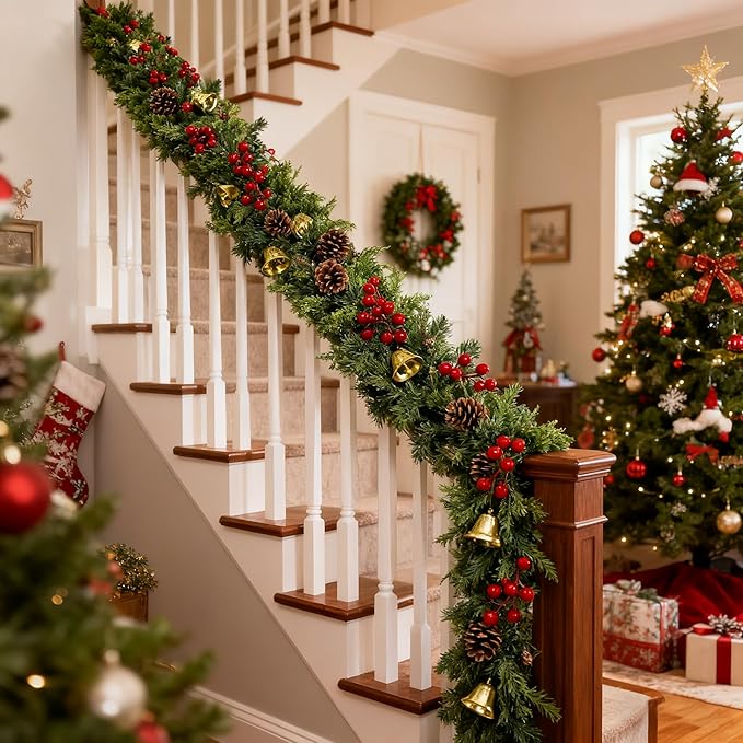 Christmas Cedar Garland Artificial Realistic 6ft Mantle Faux Pine Garlands Realistic Cypress Greenery for Indoor Outdoor Stairs Railing Fireplace Mantle Door Decor(2Pcs)