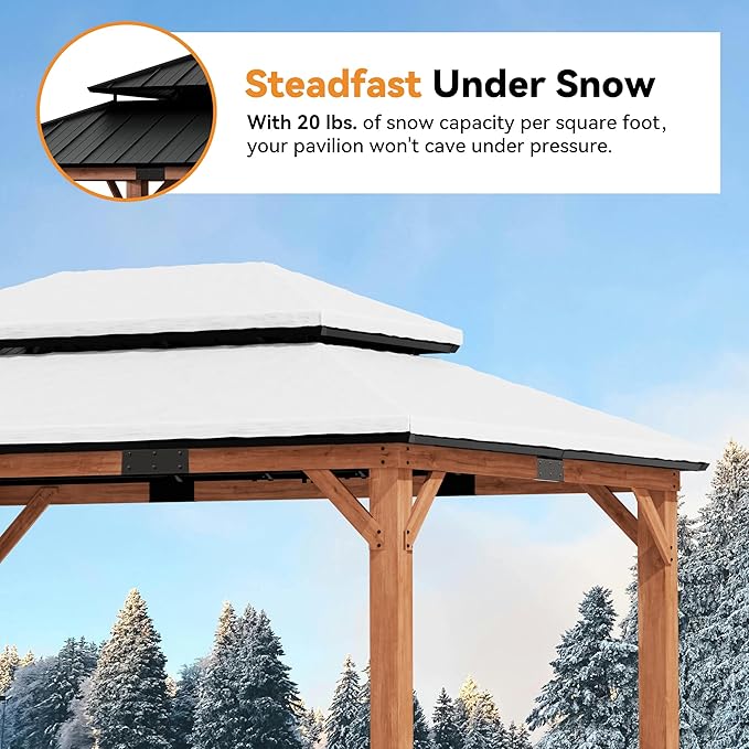 Modern Shade Rosewood Wood Gazebo 12' x 16', Cedar Framed Grill Gazebo with Double Galvanized Steel Roof, Permanent Hardtop Pavilion with Sturdy Hooks for Garden, Backyard, Patio, and Deck
