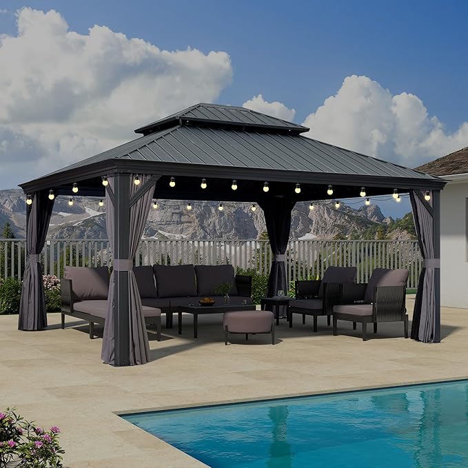 PURPLE LEAF 13' X 15' Permanent Gazebo with Metal Roof Outdoor Hardtop Gazebo with Light for Patio Lawn and Garden Curtains and Netting Included Grey