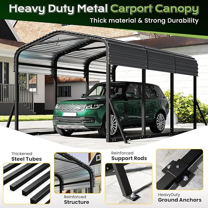 10x15FT Metal Carport, Heavy Duty Car Garage w/Reinforced Support Rods and Windproof Ground Anchors, All-Weather Multi-Use Outdoor Shelter for Car, Boats and Truck