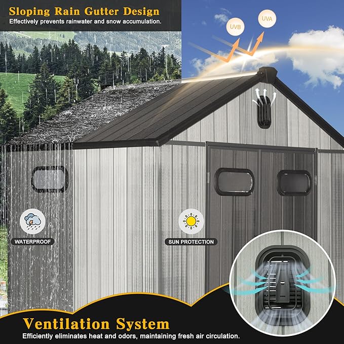 Domi 6x6FT Resin Outdoor Storage Shed with Lockable Door, Waterproof Outside Sheds with Windows & Vents, Heavy-Duty Plastic Tool Storage Shed for Patio Furniture, Lawn Mower, Bike