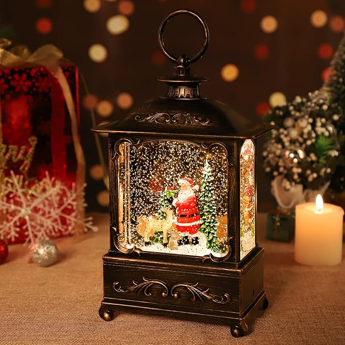 Christmas Snow Globe Lantern Christmas Decorations Water Glittering Lanterns with Music & Timer, USB Lined/Battery Operated Lighted Lantern for Christmas Festival Decoration Gifts (Skiing Snowman)