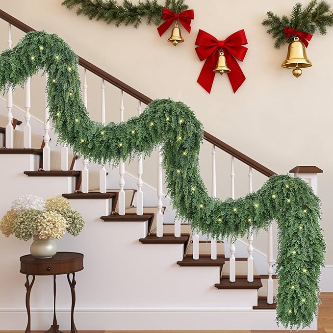 Cedar Christmas Garland for Mantle - 2 PACK Decorations with Lights 9 ft Realistic Lighted Faux Pine Garlands for Xmas Stairs Railing Fireplace Prelit Home Decoration Indoor Outdoor Garland Door Decor