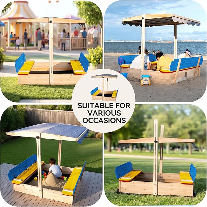 48x48 Large Wooden Sandbox with Locking Lid & Adjustable Canopy Cover - Outdoor Sand Box for Kids Ages 4-8, Foldable Bench Seats, UV-Resistant Roof, Easy-Drain Bottom Liner