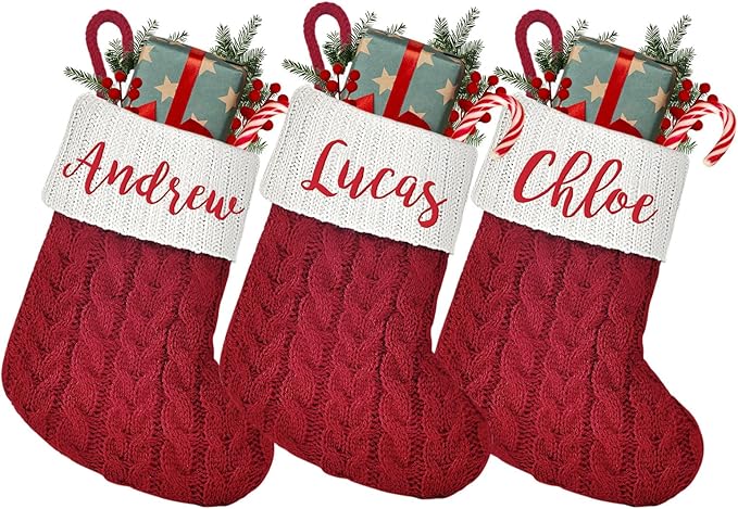 Mini Custom Christmas Stockings with Names - 6" W x 7" L Burgundy Red Personalized Christmas Stockings, Kids Family Small Knitted Xmas Stocking for Fireplace Decoration, 3 Pack