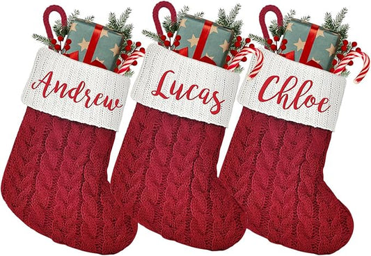 Mini Custom Christmas Stockings with Names - 6" W x 7" L Burgundy Red Personalized Christmas Stockings, Kids Family Small Knitted Xmas Stocking for Fireplace Decoration, 3 Pack