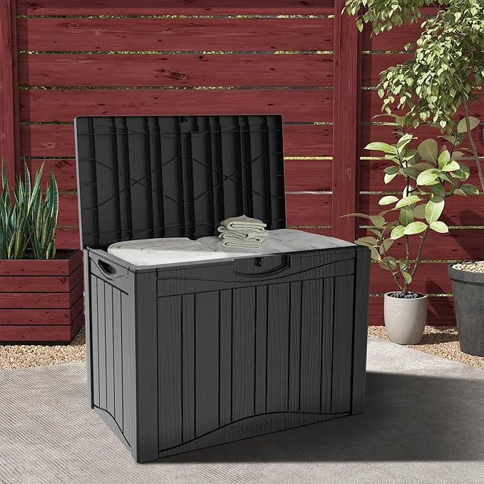 Mersco 45 Gallon Double-Wall Resin Deck Box - Lockable Waterproof Outdoor Storage Box, 515bs Capacity & Doubles as Seating for Patio Furniture - Garden Tools, Pool Accessories (Black)