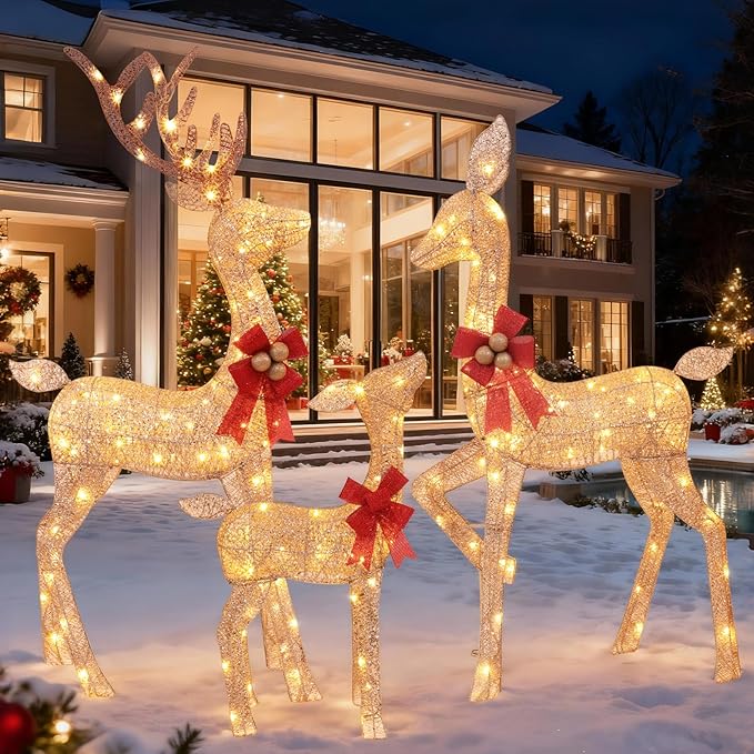 3-Piece Lighted Christmas Deer Family - HOLILITE 4.5ft 3D Pre-Lit Reindeer Outdoor Decorations with 210 LED Lights, Yard/Garden/Patio Holiday Display - Gold