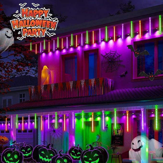 Outdoor Halloween Lights, 2 Pack Extendable Meteor Shower Lights Outdoor Waterproof with Timer, Total 432LED 18 Tubes Cascading String Light Plug in for Garden Halloween Yard (Orange Purple and Green)